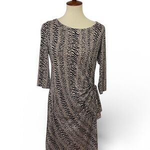 Gerard Darrel Women’s Taupe and Black Printed Faux Wrap Silk Dress